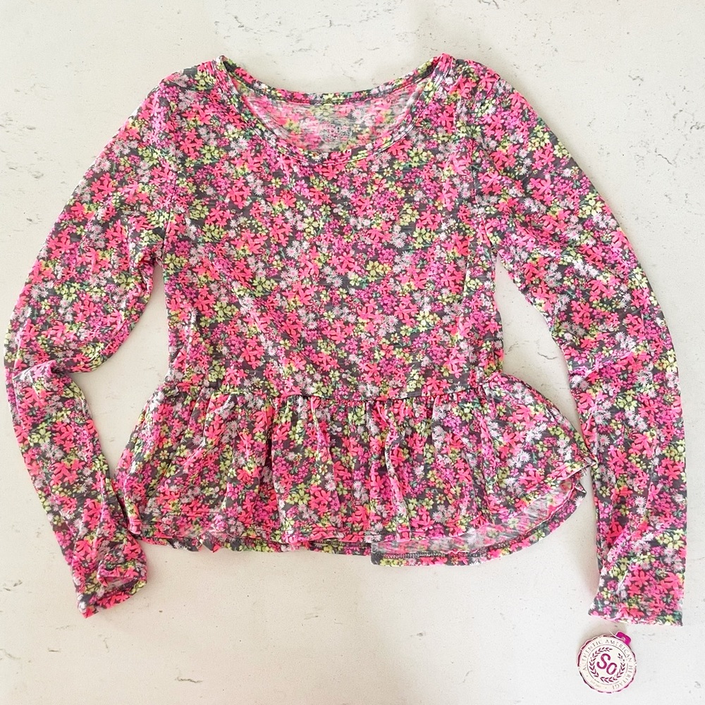 SO Pink Girl’s Floral Peplum Long Sleeve Top With Ruffle Size 12 NWT